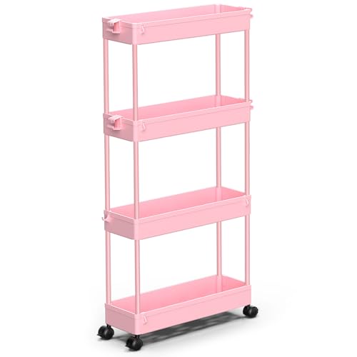 SPACEKEEPER Slim Rolling Storage Cart 4 Tier Bathroom Organizer Utility Cart Mobile Shelving Unit Tower Rack for Kitchen, Laundry Room, Bathroom, Narrow Places, Pink - color: Pink
