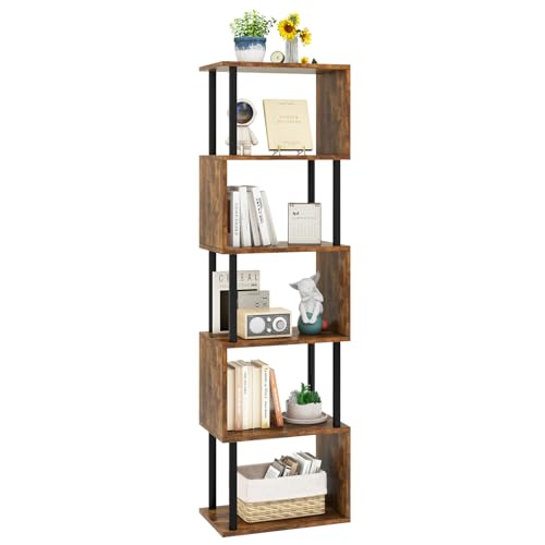 IBUYKE 6-Tier Tall Bookshelf,S-Shaped Geometric Bookcase, Wood Display Shelves with Storage,Industrial Bookshelf for Living Room Bedroom, Home Office, Rustic Brown WBC016H - color: Rustic Brown, size: 6 Tier
