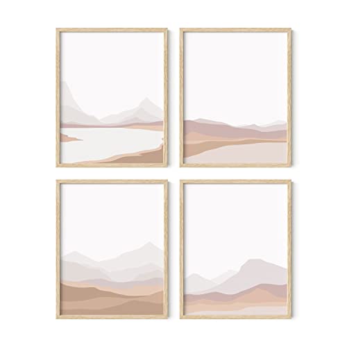HAUS AND HUES Mountain Wall Art - Set of 4 Mid-Century Modern Landscape Decor, Nature & Modern Art Wall Art | Beige Framed 11x14 - color: Blush Mountain Landscape, size: 11x14, style: Beige Framed