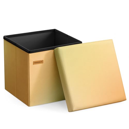 SONGMICS Folding Storage Ottoman Bench, Linen Fabric, Storage Chest, Foot Rest Stool, Holds up to 286.6 lb, 11.8 x 11.8 x 11.8 in, Bedroom Bench, Orange-Gold Ombre, Minota Collection ULSF028X301 - color: Orange-gold Ombre, size: 11.8"D x 11.8"W x 11.8"H