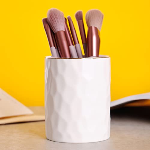 WHJY Ceramic White Pencil Cup, Makeup brushes Holder, Gold Pen Holder for Desk Cute Small Boho Brush Holder, Modern Geometry Design Pen Holder - color: White