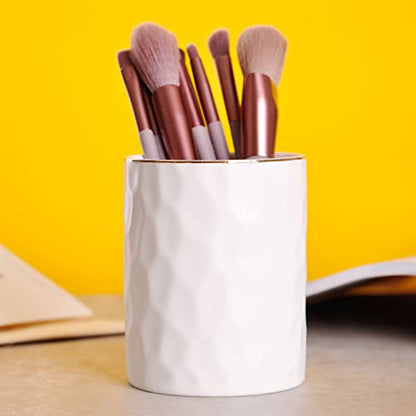 WHJY Ceramic White Pencil Cup, Makeup brushes Holder, Gold Pen Holder for Desk Cute Small Boho Brush Holder, Modern Geometry Design Pen Holder - color: White