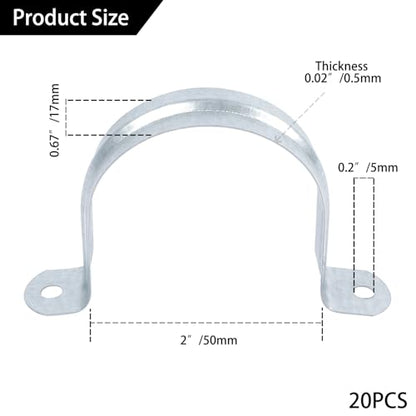 20 PCS 2 Inch Reinforced Rigid Pipe Strap, 2 Holes U Bracket Cable Clamp Hanger, Zinc Coated Tension Tube Clip, Conduits Strap Clamps for Pipe Fixing on Various Surfaces, 20 PCS(50 mm) - size: 2Inch(50mm) 20PCS