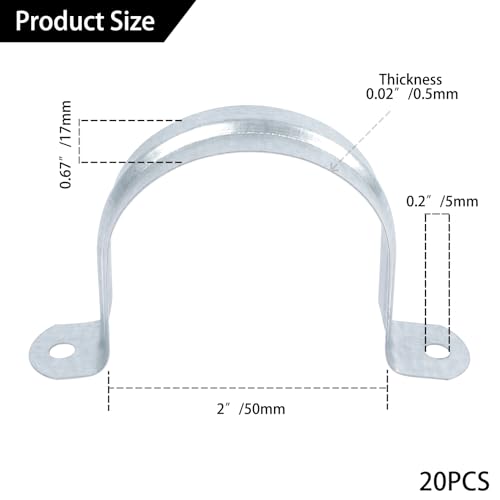 20 PCS 2 Inch Reinforced Rigid Pipe Strap, 2 Holes U Bracket Cable Clamp Hanger, Zinc Coated Tension Tube Clip, Conduits Strap Clamps for Pipe Fixing on Various Surfaces, 20 PCS(50 mm) - size: 2Inch(50mm) 20PCS