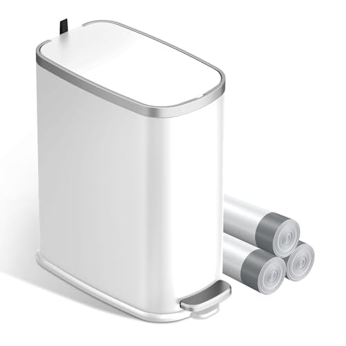 KUK Slim Bathroom Trash Can with Lid Soft Close, Step Pedal, 2.6 Gal/ 10L Stainless Steel Garbage Can with Removable Inner Bucket, Anti-Fingerprint Wastebasket for Office, Bedroom, Toilet (White) - color: Matt White-P2