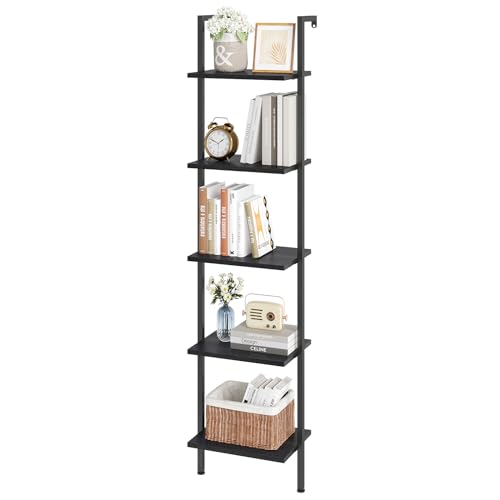 ELYKEN Ladder Shelf, 5-Tier Wood Wall Mounted Bookshelf with Metal Frame, Vintage Open Display Organizer Rack, Leaning Storage Shelves for Living Room, Bedroom, Home Office, Black - color: Black