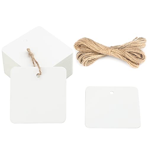 G2PLUS White Paper Gift Tags with String, 100PCS Square Hang Tags, 2.2 in Blank Present Label Tag for Gift Wrapping, Pricing, DIY Arts and Crafts, Christmas, Wedding Party Favors - size: 2.2 x 2.2 inches, style: White Rounded Square