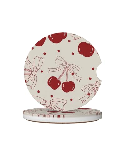 Car Cup Holder Coasters, 2 Pcs Ceramic Coasters with Cork Back and Finger Slot, Anti-Slip Shock Absorbing Women and Men Universal Car Accessories - Vintage Cherry - color: Vintage Cherry