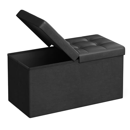 SONGMICS MAZIE Collection - 30 Inches Storage Ottoman Bench with Flipping Lid, Storage Chest Footstool, Load 660 lb, for Entryway, Living Room, Bedroom, Synthetic Leather, Black ULSF45BK - color: Black, size: 15"D x 30"W x 15"H
