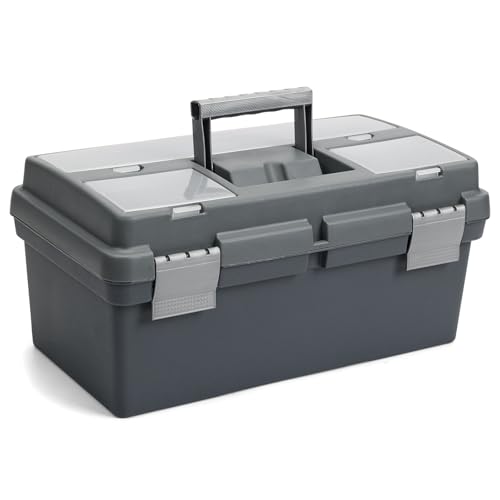TCMBY 15-inch Tool Box with Removable Tray, Small Parts Box On The Lid is Removable, Tray Can be Removed and Combined at Will (Gray)