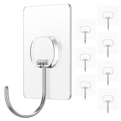 JINSHUNFA Adhesive Wall Hooks 13LB Heavy Duty No Drill Large Transparent Waterproof Hooks for Bathroom Kitchen Towel Coat 8 Pack - color: Clear, size: Large 8 Pcs