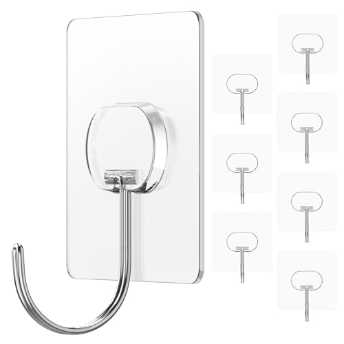 JINSHUNFA Adhesive Wall Hooks 13LB Heavy Duty No Drill Large Transparent Waterproof Hooks for Bathroom Kitchen Towel Coat 8 Pack - color: Clear, size: Large 8 Pcs