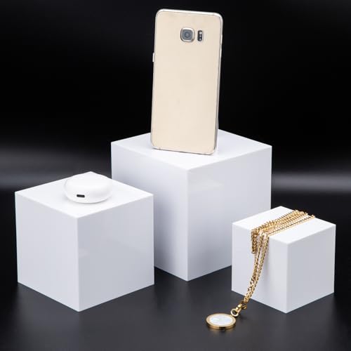 Clisela 3pcs Acrylic Cube Display Stands Box Risers White 3" 4" 5" | Food Risers for Buffet Table w/Hollow Bottoms, Decorative Display Stand Shelf for Dessert Collectibles Jewelry Figures Show - size: (3,4,5)"- White