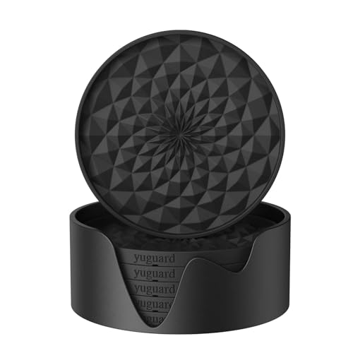 Silicone Coasters [6 Pack] with Holders Drink Coasters, Table Cup Mat, for Hot or Cold Drinks Thickened, Non-Slip, Non-Stick, Deep Tray Black - color: Black