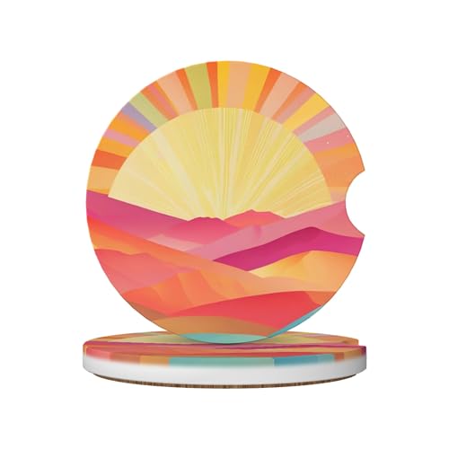 Boho Sunset Car Cup Holder Coasters 2 Pack Universal 2.63 Inch Anti Slip Ceramic Absorbent Coaster with Cork Base and Finger Notch Cute Car Accessories Interior for Women - color: Pink