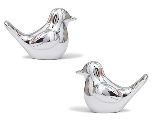 Small Silver Bird Statue Ceramic 2-Piece Set, 3¾ inch Cute Knick Knack for Home Office Shelf Desk Decor
