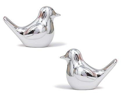 Small Silver Bird Statue Ceramic 2-Piece Set, 3¾ inch Cute Knick Knack for Home Office Shelf Desk Decor