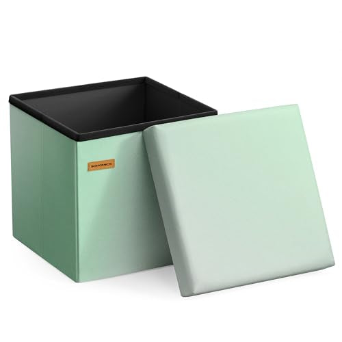 SONGMICS Folding Storage Ottoman Bench, Linen Fabric, Storage Chest, Foot Rest Stool, Holds up to 286.6 lb, 11.8 x 11.8 x 11.8 in, Bedroom Bench, Blue-Green Ombre, Minota Collection ULSF028X201 - color: Blue-green Ombre, size: 11.8"D x 11.8"W x 11.8"H