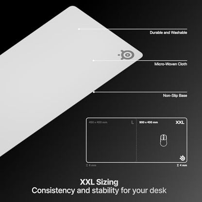 SteelSeries QcK Heavy Gaming Mousepad — Thicker, Non-Slip Silicone Rubber Base, Peak Tracking, Optimized for Gaming FPS, MOBAs, RTS, MMO — XXL Size 900 mm x 400 mm x 4 mm — White