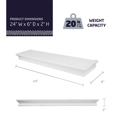 HIGH & MIGHTY Decorative 24" Floating Shelf Holds up to 20 lbs, Easy Tool-Free Dry Wall Installation, Beveled, White | 515660 - size: 24 inch