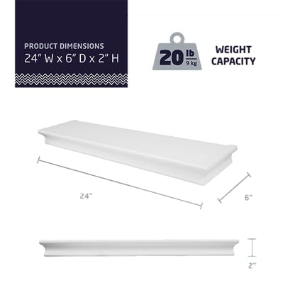 HIGH & MIGHTY Decorative 24" Floating Shelf Holds up to 20 lbs, Easy Tool-Free Dry Wall Installation, Beveled, White | 515660 - size: 24 inch