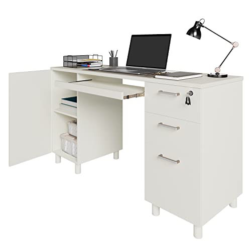 Modern Design Venice Computer Office Desk with 3 Locking Drawers and Storage Cabinet, 53 Inch Home and Office Executive White Desk with Keyboard Tray by Crafts and Comfort - color: White