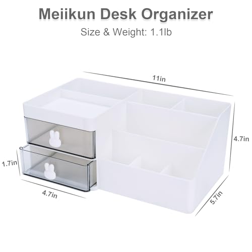 Meiikun Desk Organizer, Makeup Organizer with 2 Drawer, 7 Compartment & a Top Tray, Desktop Organizers and Storage for Women, Cute Home organization Bathroom, 11" x 5.7" x 4.7" (White) - color: 8 Compartments + 2 Drawer (White)