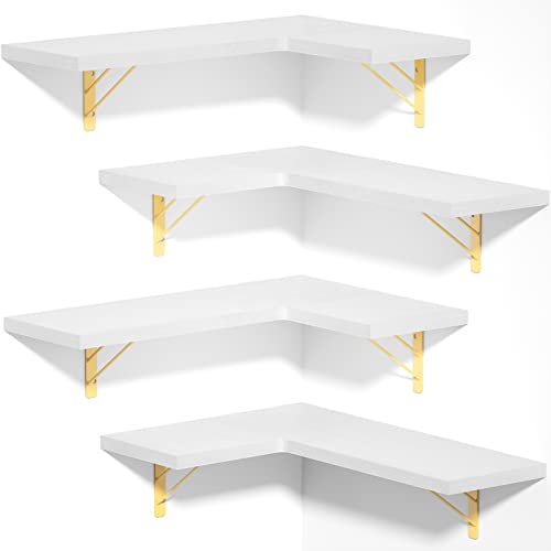 Love-KANKEI Corner Wall Shelf Set of 4,Solid Wood/Bracket,16.5"x 11",White | Easy to Install,Floating Wall Shelves,40 Lbs/shelf,For Bedroom Living Room Bathroom Kitchen Office,Storage Display,Wall Decor - color: White&gold