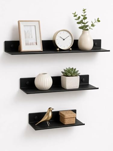 Z metnal Bathroom Shelf, Small Floating Wall Shelves, Decorative Ledge Shelf, Aluminum, Wall Mounted, Matt Black, 16/12/8 inch, 3 Packs - color: Black, size: 16/12/8 inch (3 Set)