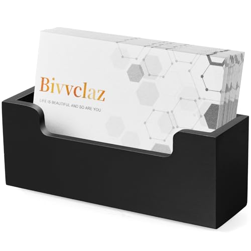 Bivvclaz Black Business Card Holder Desk, Wood Business Card Organizer Desktop Business Card Display Stand for Office Tabletop Exhibition, Small Business Essentials - color: Black