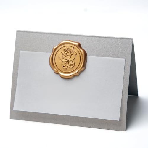 25 Pack Name Cards for Table Setting, Place Cards with Antique Gold Rose Wax Seal Sticker for Wedding, Table Tent Card Stock Handmade Decor for Party, Dinner, Home (Pearlized Silver Gray) - color: Pearlized Silver Gray