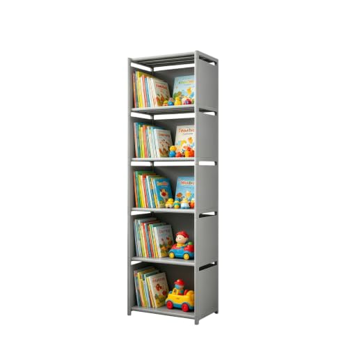 RIIPOO Book Shelf, 5-Cube Storage Organizer, Metal & Fabric Bookcase for Small Spaces, Bedroom, Living Room - style: 5-Cube