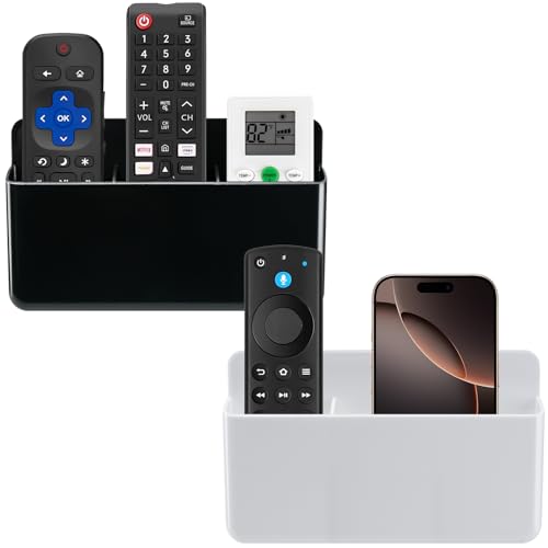 2Pcs Remote Control Holder Wall Mount, TV Remote Caddy Box Hollow Bottom Slot Easy Phone Charging, Self Adhesive Remote Holder,Wall Pen Holder Storage Accessories for Home Office School (White&Black) - color: White&Black