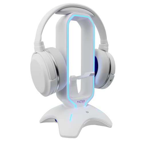 Tilted Nation Gaming Headphone Stand | RGB Headset Stand White | Headset Holder for Desk with Mouse Bungee and USB Hub | The Ultimate Gaming Accessories for Gamers for PS5, Xbox, PC - White - color: White