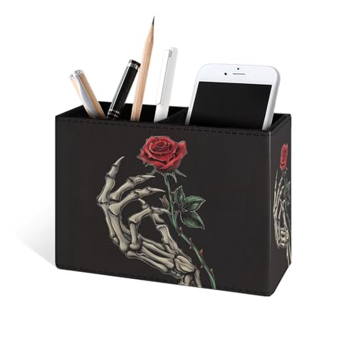 Famame Skeleton Hand Rose Thorn Pencil Holder for Desk, Leather Desktop Container Pen Cup Storage Study Table Pen Organizer Makeup Brush Holder for Classroom Office Home - color: Skeleton Hand Rose Thorn