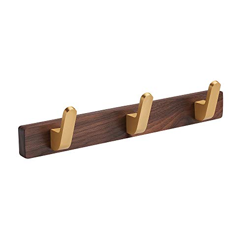 Wall Mounted Coat Rack, Entryway Hanging Coat Rack, Metal Wood Coat Rail with 3 Rustic Hooks Rail for Coat, Scarf, Bag, Towel, Key, Cap, Hat, Walnut Gold Matt - size: 3 Hooks - Curve Shape
