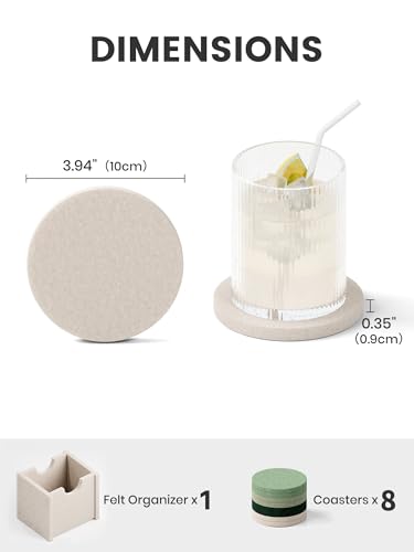 Fluxynara Felt Coasters for Drinks, Set of 8 Absorbent Coasters with Holder, Heat-Resistant & Reusable Round Design for Coffee Table & Living Room, 3.94 Inch, Sagewood - color: Sagewood, size: Round - 8 Count