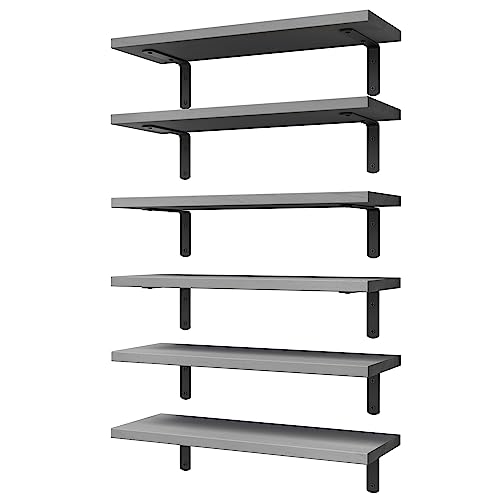 WOPITUES Wood Floating Shelves Set of 6, Shelves for Wall Decor, Farmhouse Shelf for Bedroom, Bathroom Storage Shelves, Book Shelves for Living Room-Grey - color: Grey, size: 16.5 Inch