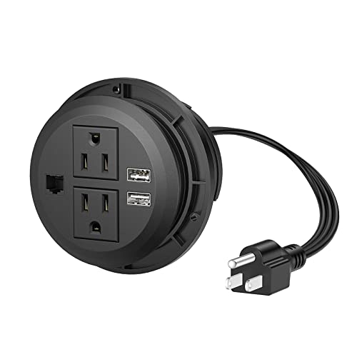 BTU Desktop Power Grommet 3 inch, Desk Power Outlet Socket Recessed Power Strip with 2 AC Outlet & 2 USB Ports & 1 CAT6 & 10ft Power Cords for Computer, Table, Kitchen, Office