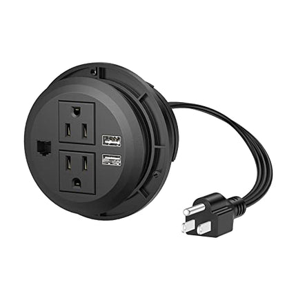 BTU Desktop Power Grommet 3 inch, Desk Power Outlet Socket Recessed Power Strip with 2 AC Outlet & 2 USB Ports & 1 CAT6 & 10ft Power Cords for Computer, Table, Kitchen, Office