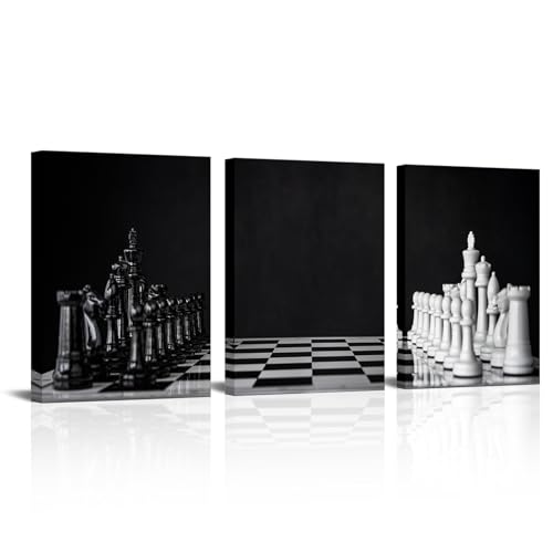 SkenoArt 3 Panel Black and White Chess Canvas Wall Art Modern Game Picture Poster Prints Chessboard Painting Framed Vintage Living Room Office Decor