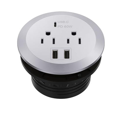TOPGREENER Desktop Power Grommet with 60W PD for MacBook, GaN Desk Grommet with 1 Fast Charging USB-C Port, 2 USB-A Ports and Duplex Receptacles, TTRP48APD60-SV, Silver - color: Silver