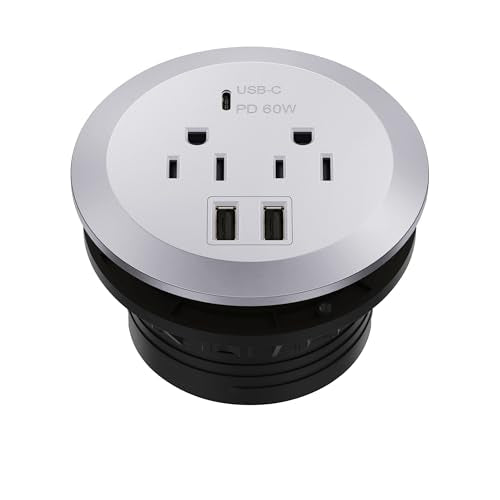 TOPGREENER Desktop Power Grommet with 60W PD for MacBook, GaN Desk Grommet with 1 Fast Charging USB-C Port, 2 USB-A Ports and Duplex Receptacles, TTRP48APD60-SV, Silver - color: Silver