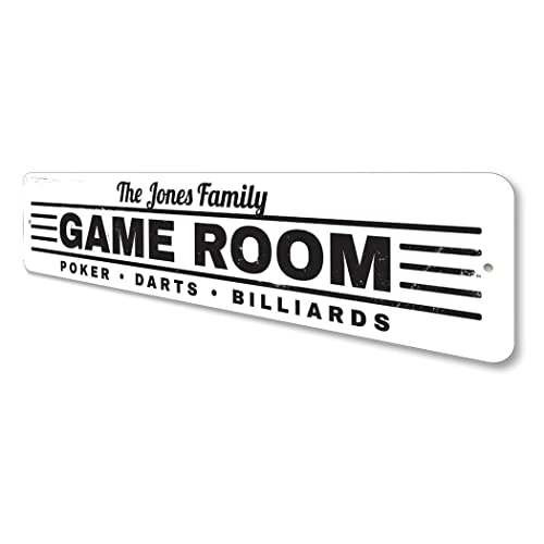 Game Room Sign, Family Name Sign, Custom Poker Darts Billiards Sign, Man Cave Aluminum Decor - 3" x 13" - size: 0) 3 x 13 Inches