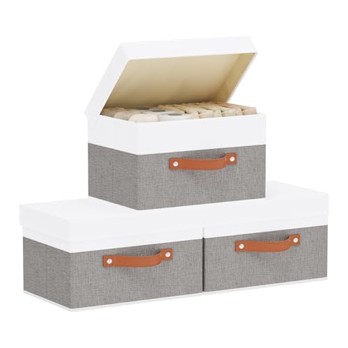 Storage Baskets with Lids, Closet Organizer Boxes, Foldable Shelves Storage Bins with Handles, White and Grey, 3 Pack, 13 x 9.1 x 7.9 Inch - color: White/Grey, size: 13x9.1x7.9in(3-Pack)