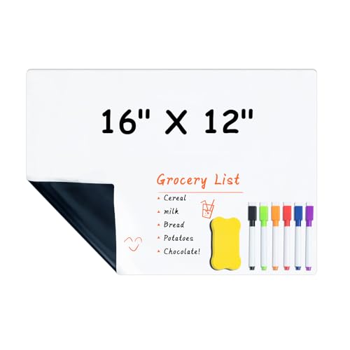 M&G Magnetic Dry Erase Board for Fridge, 16”x 12” Fridge Whiteboard for Kitchen, Refrigerator White Board Set with 6 Markers and Eraser, to Do List, Family Schedule Planning Board - size: 16"X12"