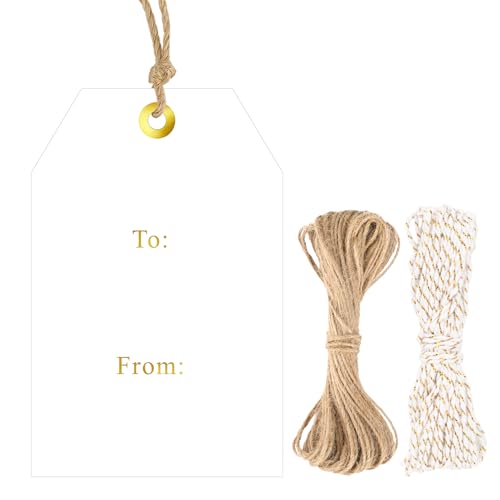 G2PLUS to and from Tags - 100Pcs Gift Tags with String, 3.3x2.2 in White Paper Name Tag, Foil Gold Party Favors Hangtag for Birthday, Wedding, Christmas - style: Gold To From