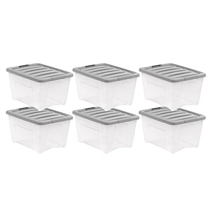 Amazon Basics Plastic Storage Containers with Secure Latching Lids, Stackable Organization Bins, Clear/Grey, 32 Quart, Set of 6 - size: 32 Qt. - 6 Pack