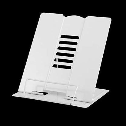 Large Book Stand Metal for Reading, Desktop Book Holder Adjustable Document Cookbook Holder Portable Bookstands for Textbooks Tablet Music Books Recipe (White) - color: White