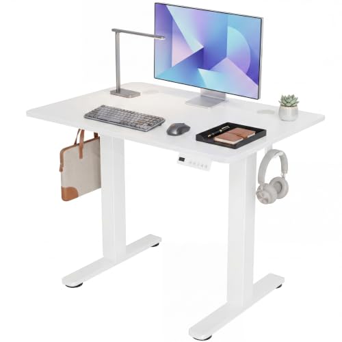 Claiks Electric Standing Desk 32 x 19 Inches, Compact Adjustable Height Motorized Sit Stand Desk with 3 Memory Presets & Cable Management, Space-Saving Computer Workstation for Bedroom, White - color: White, size: 32 Inch